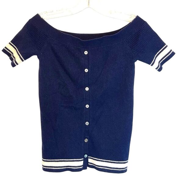 Frame Sweater Womens Small Navy Blue Off Shoulder cardigan Striped academia - Picture 9 of 9